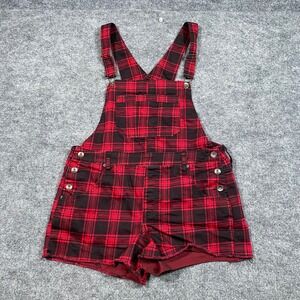 HT Denim Hot Topic Red Black Plaid Shortalls Overalls Womens Large Grunge Edgy